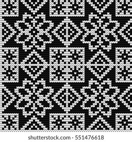Traditional knitting pattern for Ugly Sweater, vector seamless pattern, black and white, norwegian star