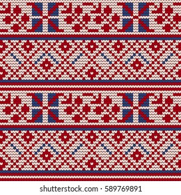 Traditional knitting pattern for Ugly Sweater, vector seamless pattern with Norwegian ornaments