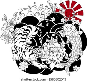 Traditional koi fish battle tiger vector for tattoo design on background.Chinese koi carp fighting tiger with sunrise and flower for printing on t-shirt.Idea for coloring book illustration on isolated