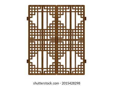 Traditional Korea ornament frame pattern. Double door antique decoration art vector illustration. Natural surface wooden timber.