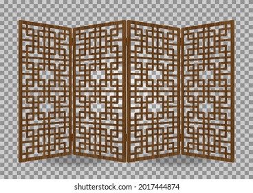 Traditional korea ornament wooden decorative frame pattern. Room divider antique decoration. Antique art vector illustration. Natural color wood surface timber. Interior design.