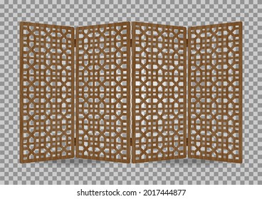 Traditional korea ornament wooden decorative frame pattern. Room divider antique decoration. Antique art vector illustration. Natural color wood surface timber. Interior design.