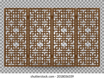 Traditional korea ornament wooden decorative frame pattern. Room divider antique decoration. Antique art vector illustration. Natural color wood surface timber. Interior design.