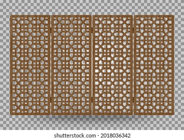 Traditional korea ornament wooden decorative frame pattern. Room divider antique decoration. Antique art vector illustration. Natural color wood surface timber. Interior design.
