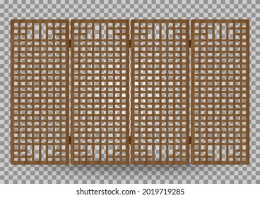 Traditional korea ornament wooden decorative frame pattern. Room divider antique decoration. Antique art vector illustration. Natural color wood surface timber. Interior design.
