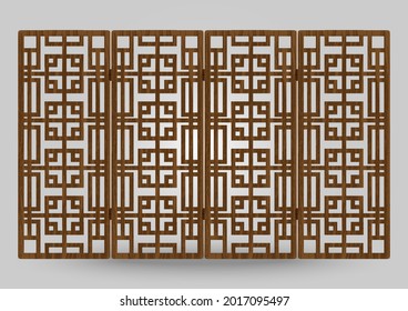 Traditional korea ornament wooden shutter frame pattern. Room divider antique decoration art vector illustration. Natural color wood. Surface timber.