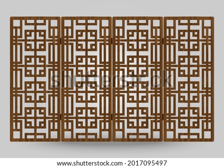Traditional korea ornament wooden shutter frame pattern. Room divider antique decoration art vector illustration. Natural color wood. Surface timber.