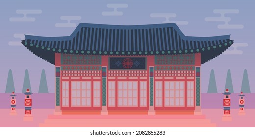 Traditional Korea Palaces Hanok Building Republic Of Korea. South Korean Landscape.