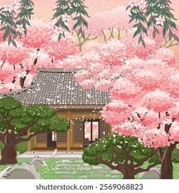 Traditional Korean Architecture - Hanok with Cherry Blossoms in a Serene Spring Garden, Poster-Style Vector Illustration	