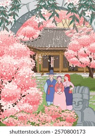 Traditional Korean Architecture - Hanok with Cherry Blossoms in a Serene Spring Garden, Poster-Style Vector Illustration	