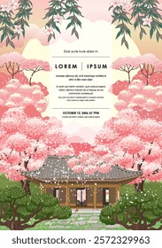 Traditional Korean Architecture - Hanok with Cherry Blossoms in a Serene Spring Garden, Template Vector Illustration		