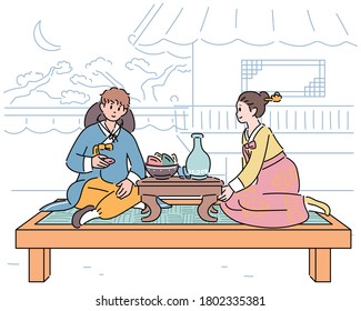 In a traditional Korean bar, a man and a woman are sitting at tables and eating food. hand drawn style vector design illustrations. 