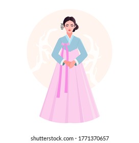 Traditional Korean Clothing. Young Woman In A Traditional Dress. Hanbok. Korean Woman. Asia. Vector Illustration. 