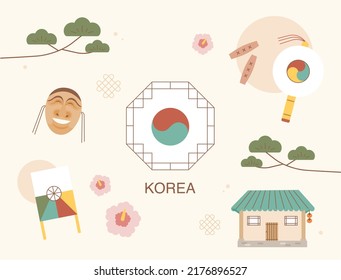 Die traditionellen koreanischen Kulturgüter sind nach dem Taegeuk-Muster aufgebaut. Flaches design, Vektorgrafik.