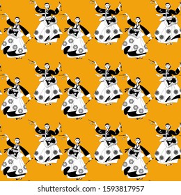 Traditional Korean dance with the drum “Janggu-chum”.  Black and white. Seamless background pattern. Vector illustration.
