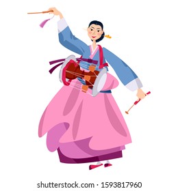 Traditional Korean dance with the drum “Janggu-chum”. Vector illustration