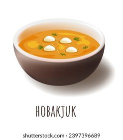 Traditional Korean dish made from sweet pumpkin and glutinous rice, hobakjuk. Isolated plate with smooth gourd porridge with chewy paddy cake balls decorated with herbs. Vector in flat style