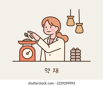 A traditional Korean doctor is weighing herbal medicines on a scale. She has her herbal pouch by her side. Korean translation: herbal medicine