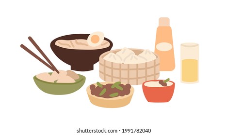 Traditional Korean festive dishes served for dinner. National meal of Korea. Asian food, dumplings, mandoo, bulgogi. Oriental cuisine. Colored flat vector illustration isolated on white background