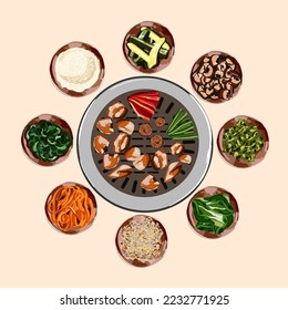 Traditional Korean food, korean barbecue, grilling beef, BBQ. Grilled snacks. Illustration for restaurant menu. Top view. Vector illustration.