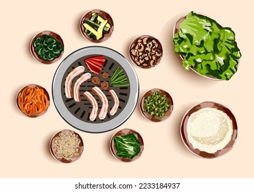 Traditional Korean food, korean barbecue, grilling beef, BBQ. Grilled snacks. Illustration for restaurant menu. Top view. Vector illustration.