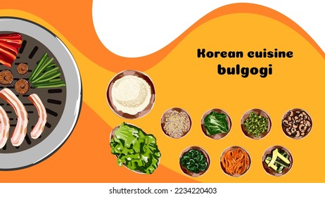 Traditional Korean food, korean barbecue, grilling beef, BBQ. Grilled snacks. Illustration for restaurant menu. Top view. Vector illustration, web page template.