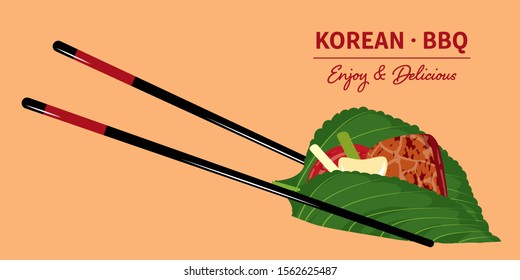 Traditional korean food, korean BBQ with sesame leaf.