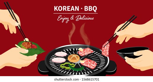 Traditional korean food, korean BBQ with sesame leaf, sharing food