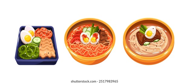 Traditional Korean Food Dishes Including Bibimbap And Noodle Soup Bowls. Cartoon Vector Image Displays Ingredients