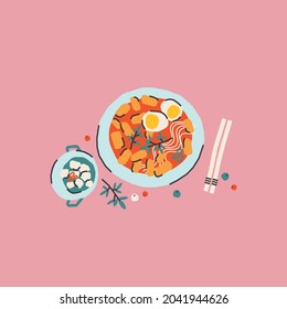 
Traditional Korean food. Rice cakes tteokbokki with boiled eggs, greens, radish in a blue bowl. Vector illustration in cartoon style. Top view