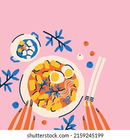 Comida tradicional coreana. Pasteles de arroz teokbokki con huevos cocidos, verduras, rábano en un bol. Ilustración vectorial al estilo de las caricaturas. Vista superior