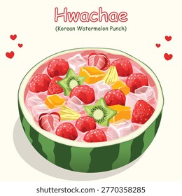 Traditional Korean Fruit Punch Subak Hwachae served in a Watermelon Rind with Berries, Ice and Kiwi Stars Vector Illustration