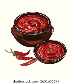 Pasta coreana tradicional de gochujang em tigelas de argila com pimentão vermelho. Ilustração de condimento fermentado picante perfeito para cozinha asiática, embalagens, menus ou conteúdo de alimentos educativos.