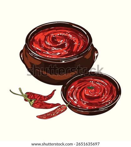 Traditional Korean gochujang paste in clay bowls with red chili peppers. Spicy fermented condiment illustration perfect for Asian cuisine, packaging, menus, or educational food content.