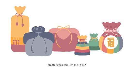 Regalos tradicionales coreanos de vacaciones, sebaetdón de la fortuna, aislado. Dibujo manual de ilustración vectorial. Diseño de estilo plano. Sello de Año Nuevo, tarjeta de vacaciones, afiche, elemento de pancarta