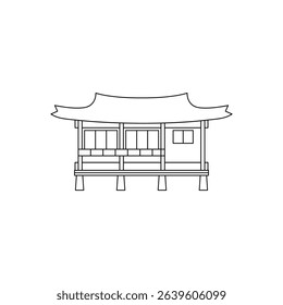 Traditional Korean house with curved roof, drawn in clean black outline. Minimalist vector style ideal for icons, signage, architecture reference, or culture education.
