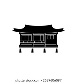 Traditional Korean house icon with black fill and visible internal lines. Vector silhouette for signage, architectural identity, or cultural visual elements.