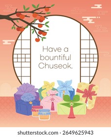 A traditional Korean illustration. Gifts wrapped in a bojagi are piled up under a persimmon tree.