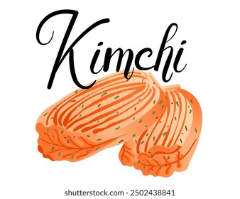 Traditional Korean Kimchi dish with handwritten label. Cabbage radish and spicy red pepper . Suitable for Korean cuisine content, health food blogs, and food promotions. Vector illustration isolated.