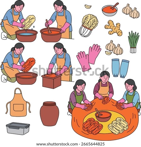 Traditional Korean Kimchi Making Process Vector Line Illustration Set