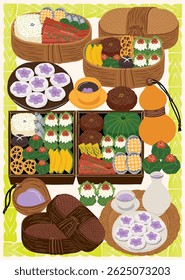 Traditional Korean Lunch Box for Spring Picnic. Vector Illustration Template design for stickers and icons.	