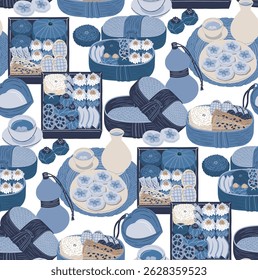 Traditional Korean Lunch Box for Spring Picnic. Seamless Pattern Vector Illustration	