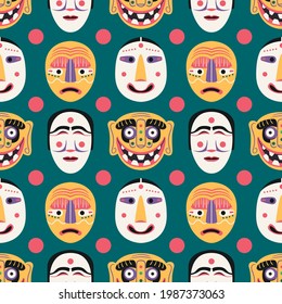 Traditional Korean masks seamless pattern vector illustration. Antique masquerade elements texture design. Asian ancient theatre background. Cultural souvenir wrapping.