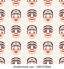 Traditional Korean masks seamless pattern vector illustration. Antique masquerade elements texture design. Asian ancient theatre background. Cultural souvenir wrapping.