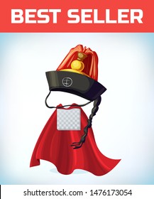 Traditional korean men hat. Masquerade costume headdress. Carnival or Halloween mask. Cartoon Vector illustration. Red cape