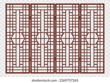 Traditional korean ornament folding frame pattern. Double door swing antique decoration art vector illustration. Natural color wood. Surface timber.