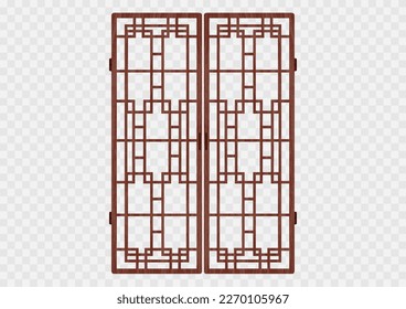 Patrón tradicional de marco plegable de ornamento coreano. Dibujo vectorial de decoración antigua de doble puerta. Madera natural de color. Madera de superficie.