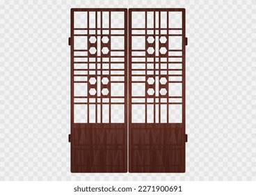 Traditional korean ornament folding frame pattern. Double door swing antique decoration art vector illustration. Natural color wood. Surface timber.