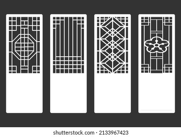 Patrón tradicional coreano de marco adorno. Conjunto de elementos decorativos antiguos de puertas y ventanas. Ilustración vectorial de silueta.Panel de corte láser.