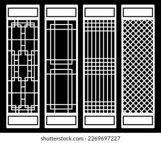 Traditional korean ornament frame pattern. Set of silhouette door and window antique decoration art vector illustration.